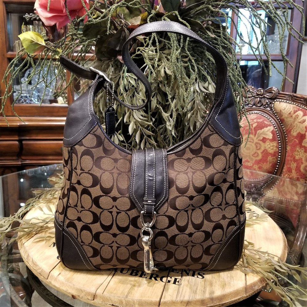 Coach Brown Signature Canvas Shoulder Bag with Dark Brown Leather Trim